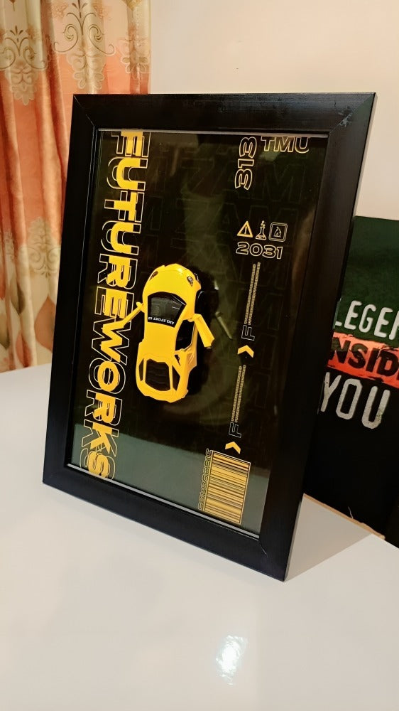 3D Yellow Sports Car Metal Wall Frame Decor
