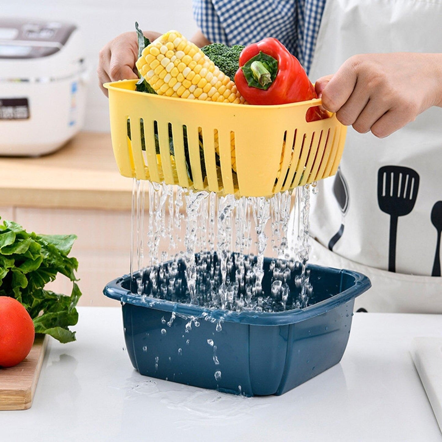 Multi-Function Double-Layer Kitchen Draining Basket with Lid