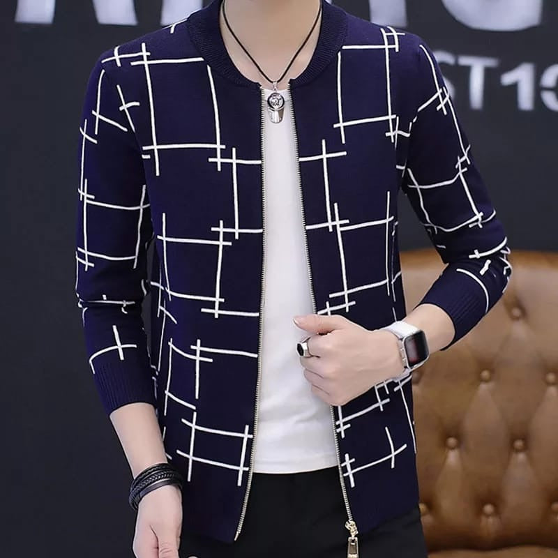 Navy Blue Lining Zipper Jacket - L