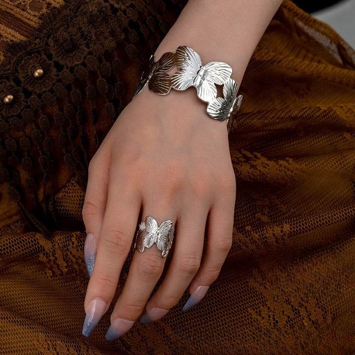 Stylish Alloy Hand Cuff Ring Set For Women – Silver & Golden