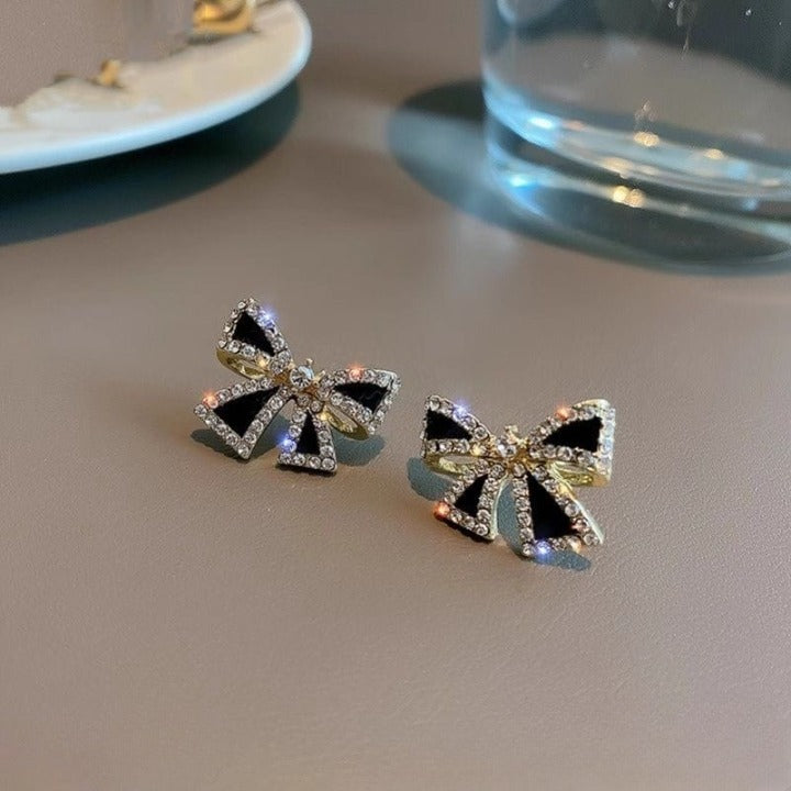 Elegant Zircon Black Bow Tie Earrings for Women