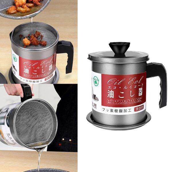 1.4L Stainless Steel Oil Storage & Filter Pot with Lid & Handle