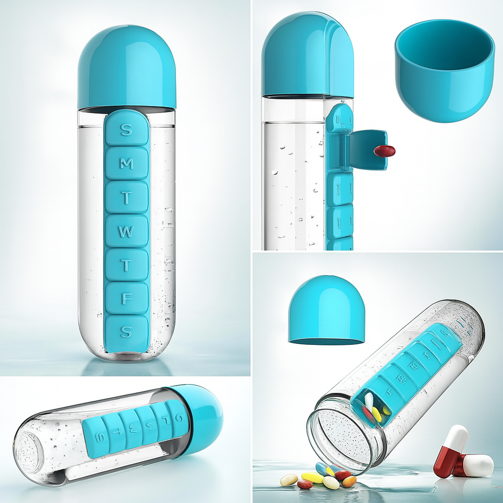 2-in-1 Pill Organizer Bottle – 7 Day Box & 600ml BPA-Free Cup