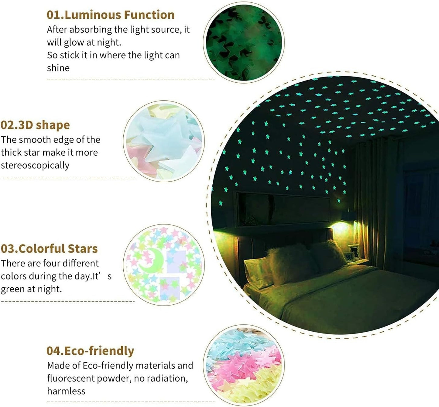 3D Glow Stars Pack For Ceiling And Wall Decor