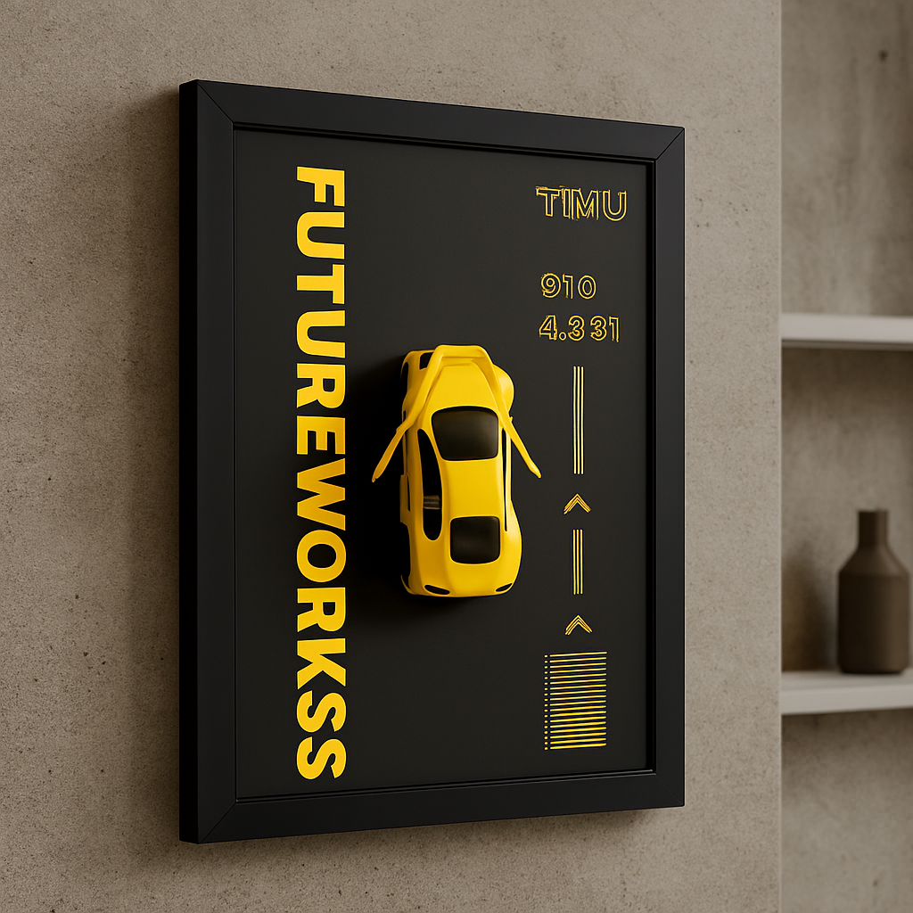 3D Yellow Sports Car Metal Wall Frame Decor