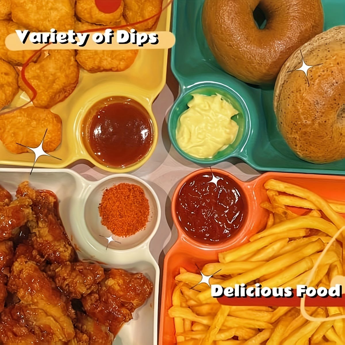 4-Piece Colorful Serving Platter Set With Dipping Bowls