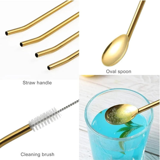 6-Piece Reusable Stainless Steel Straw Spoons With Brush