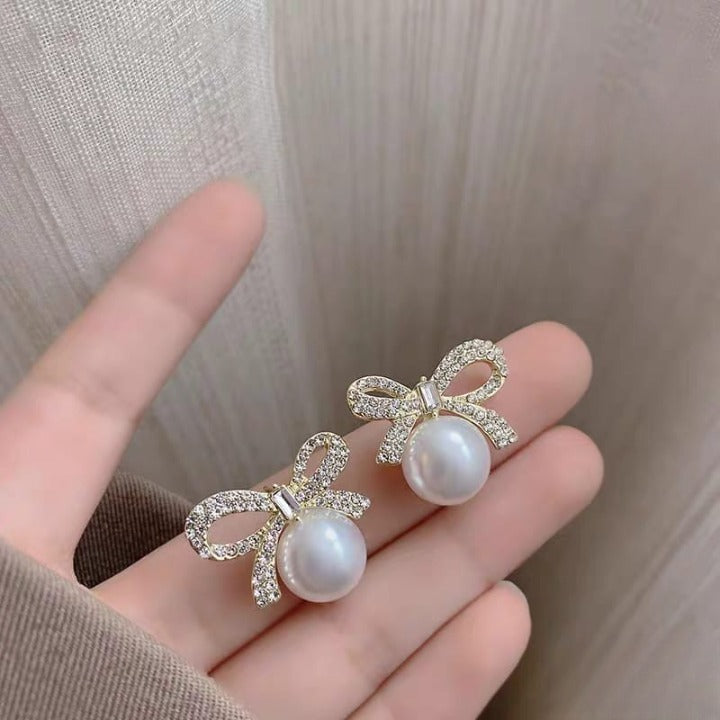 Bow Knot Pearl Earrings with Zircon – Korean Style