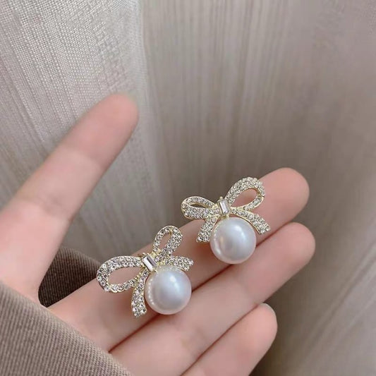 Bow Knot Pearl Earrings with Zircon – Korean Style