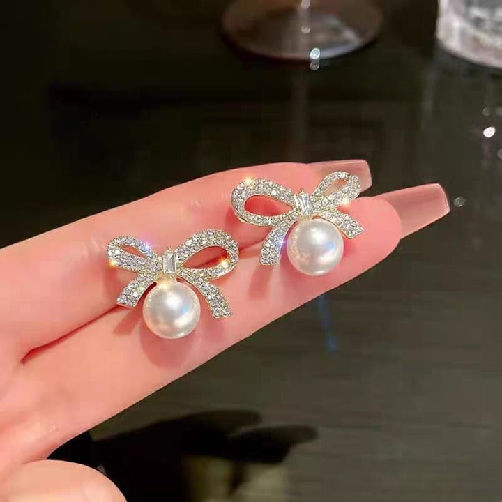 Bow Knot Pearl Earrings with Zircon – Korean Style