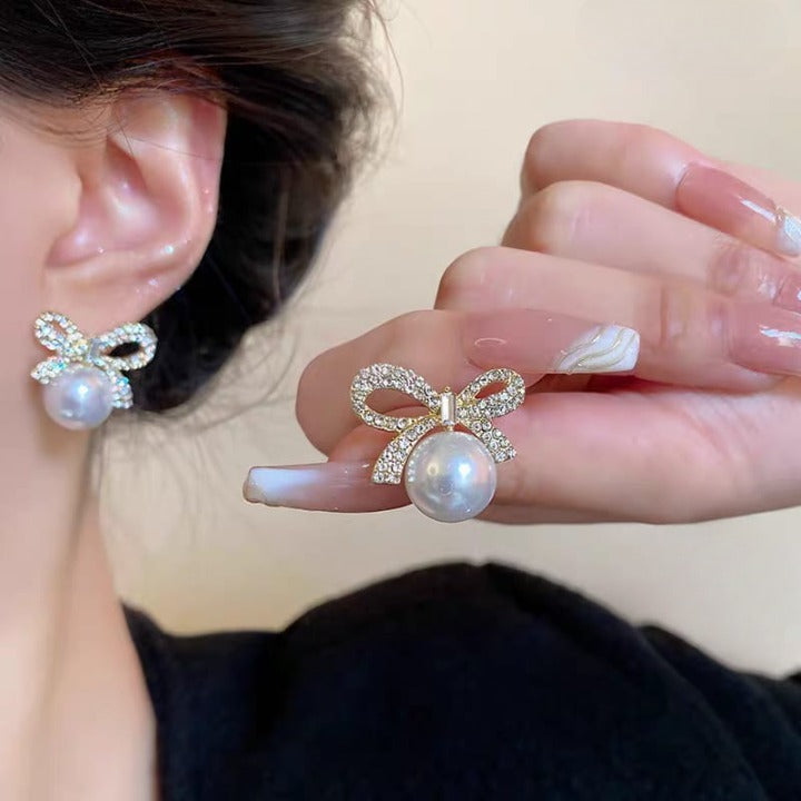 Bow Knot Pearl Earrings with Zircon – Korean Style