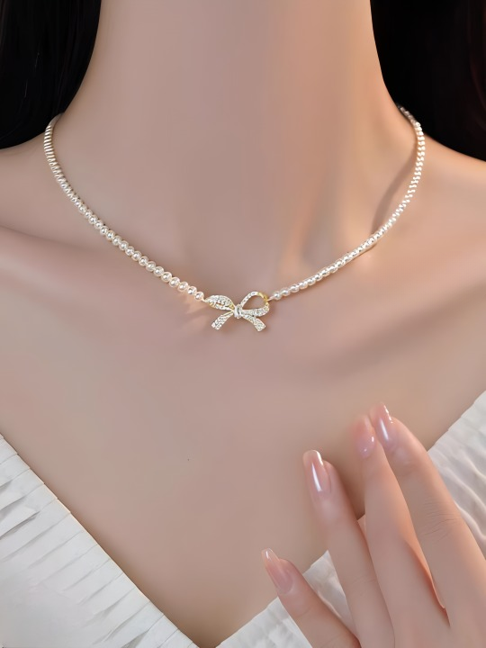 Bow Shape Pearl Pendant Necklace For Women - Silver