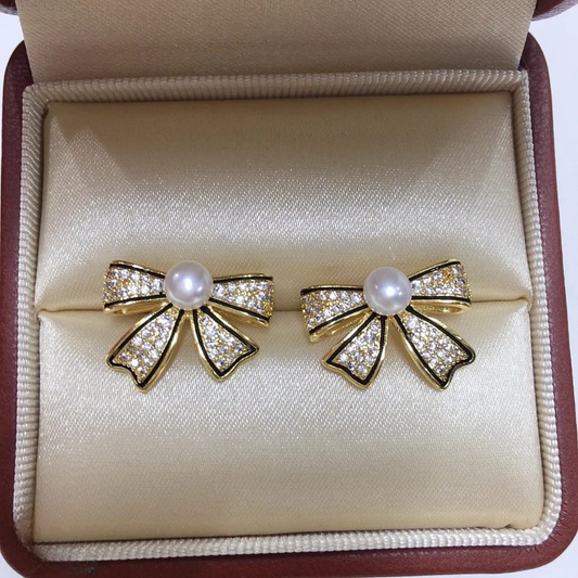 Bow Shape Zircon Pearl Earrings For Women - Silver