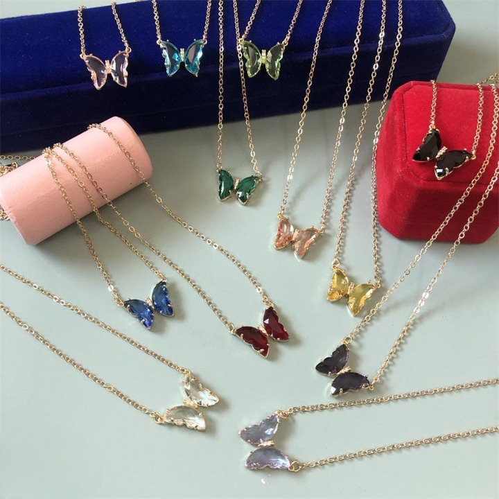 Crystal Butterfly Pendant Necklace For Women - Black