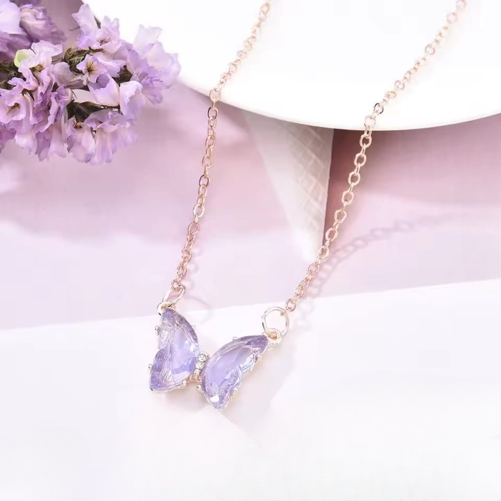 Crystal Butterfly Pendant Necklace For Women - Black