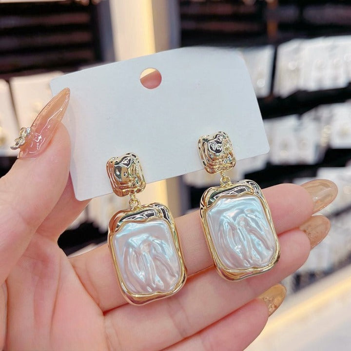 Elegant Korean Gold Foil Earrings with White Stone