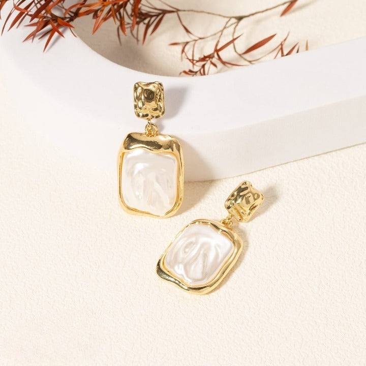 Elegant Korean Gold Foil Earrings with White Stone