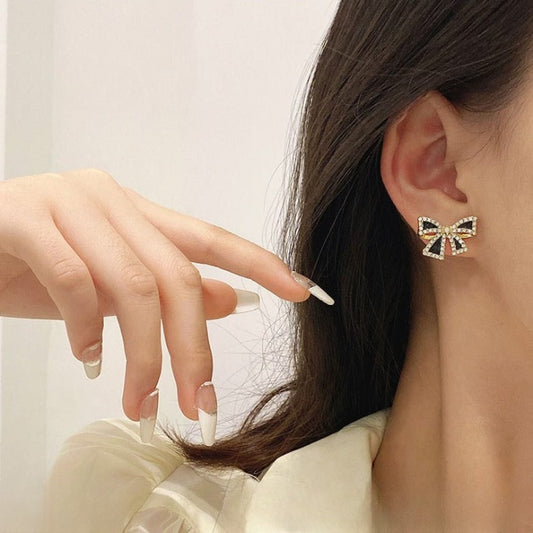 Elegant Zircon Black Bow Tie Earrings for Women