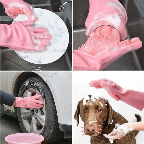 Magic Silicone Dishwashing Gloves with Built-In Scrubber