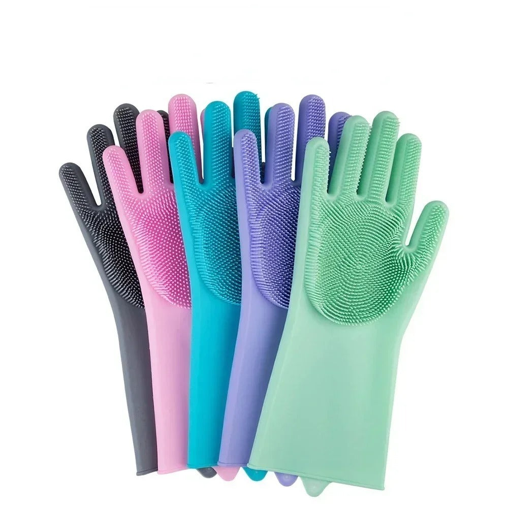 Magic Silicone Dishwashing Gloves with Built-In Scrubber