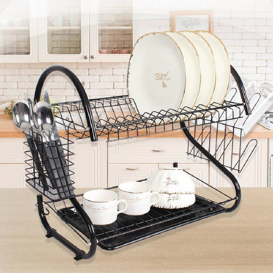 Matte Black S-Shape Double Decker Dish Rack with Cutlery Holder
