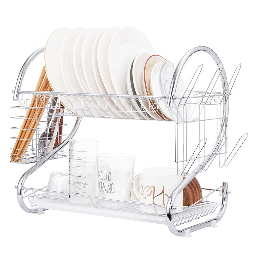 Matte Black S-Shape Double Decker Dish Rack with Cutlery Holder