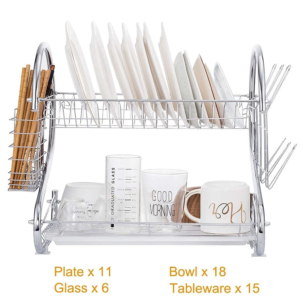 Matte Black S-Shape Double Decker Dish Rack with Cutlery Holder