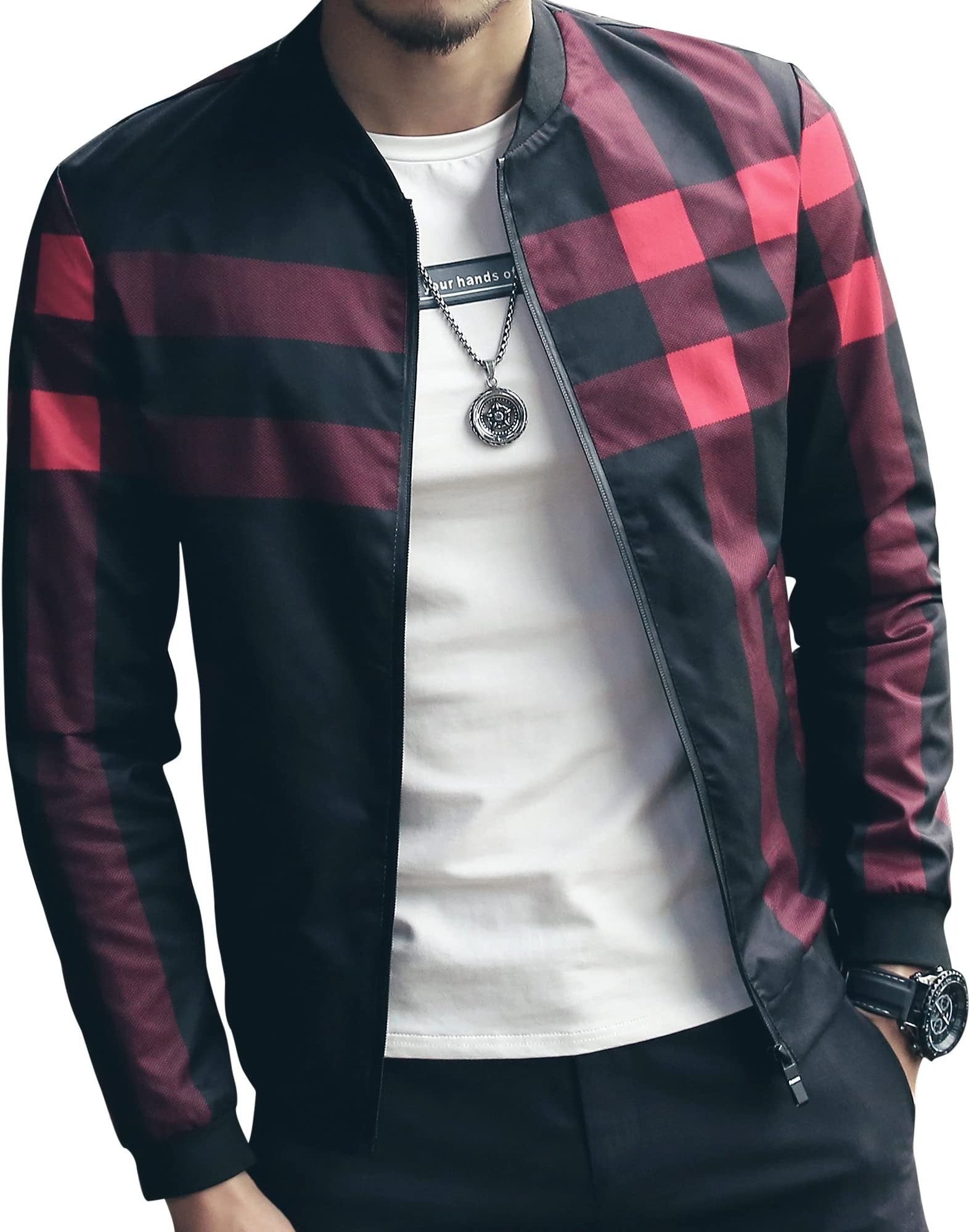 Men's Stylish Zipper Jacket With Contrast Checked Zipper 