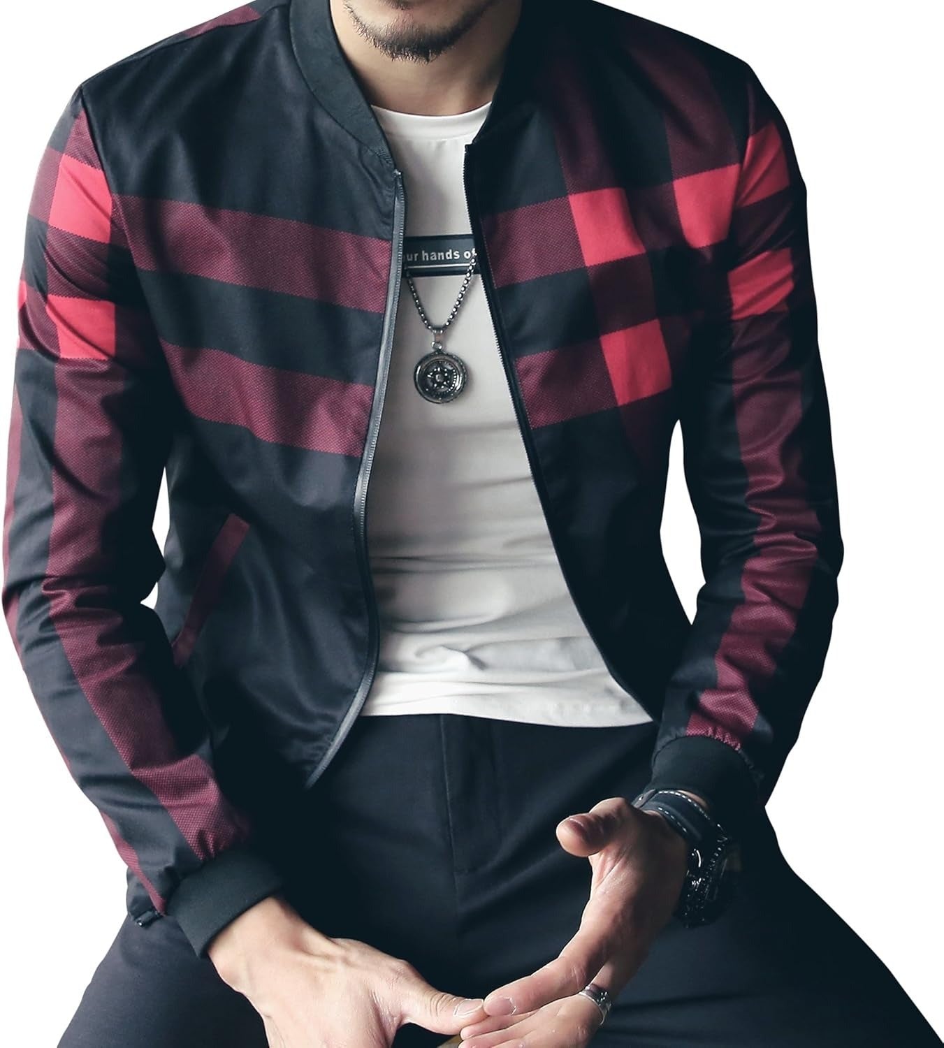 Men's Stylish Zipper Jacket With Contrast Checked Zipper 