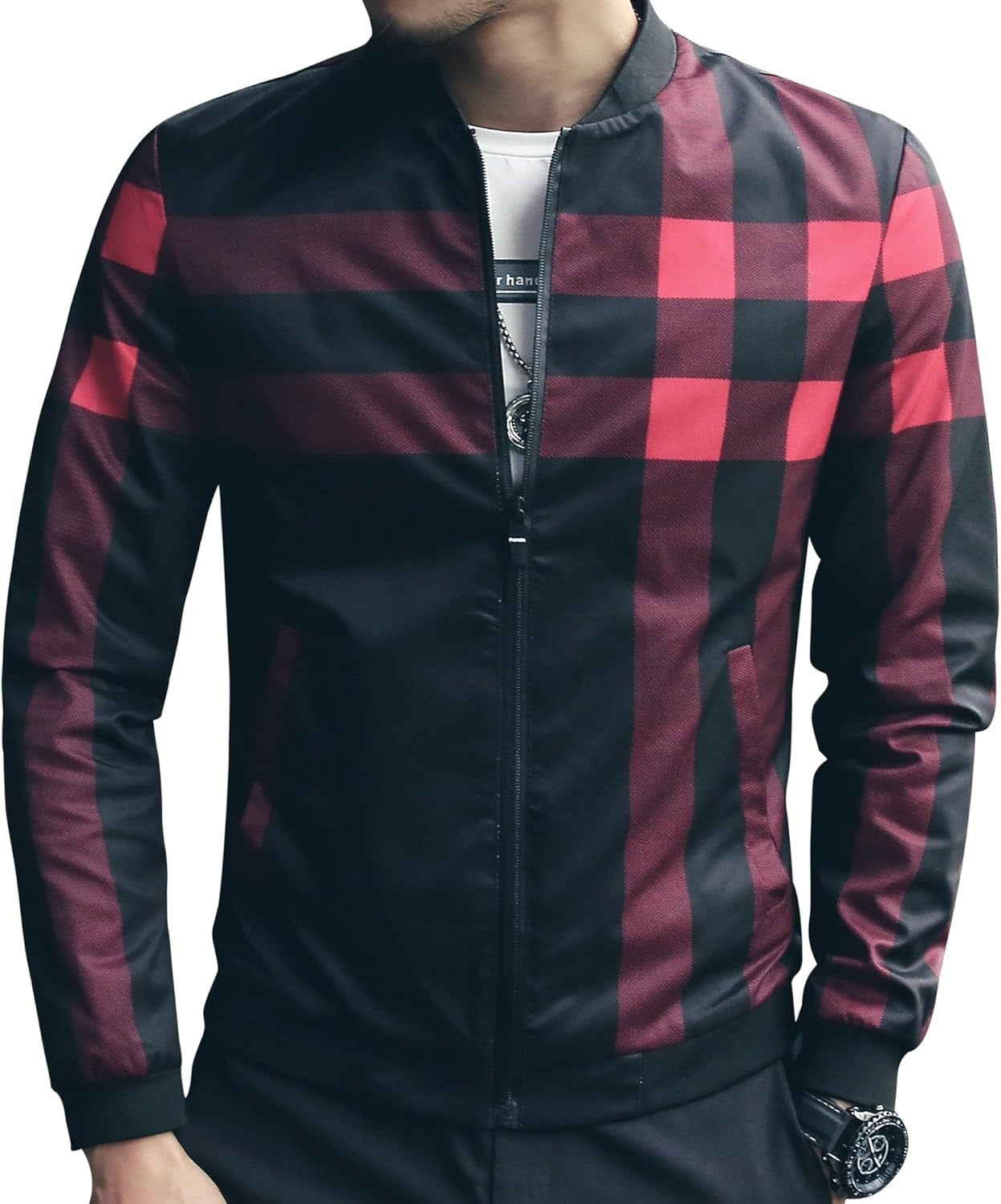Men's Stylish Zipper Jacket With Contrast Checked Zipper 