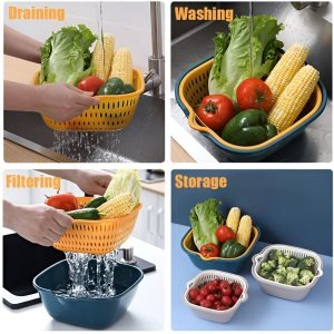 Multi-Function Double-Layer Kitchen Draining Basket with Lid