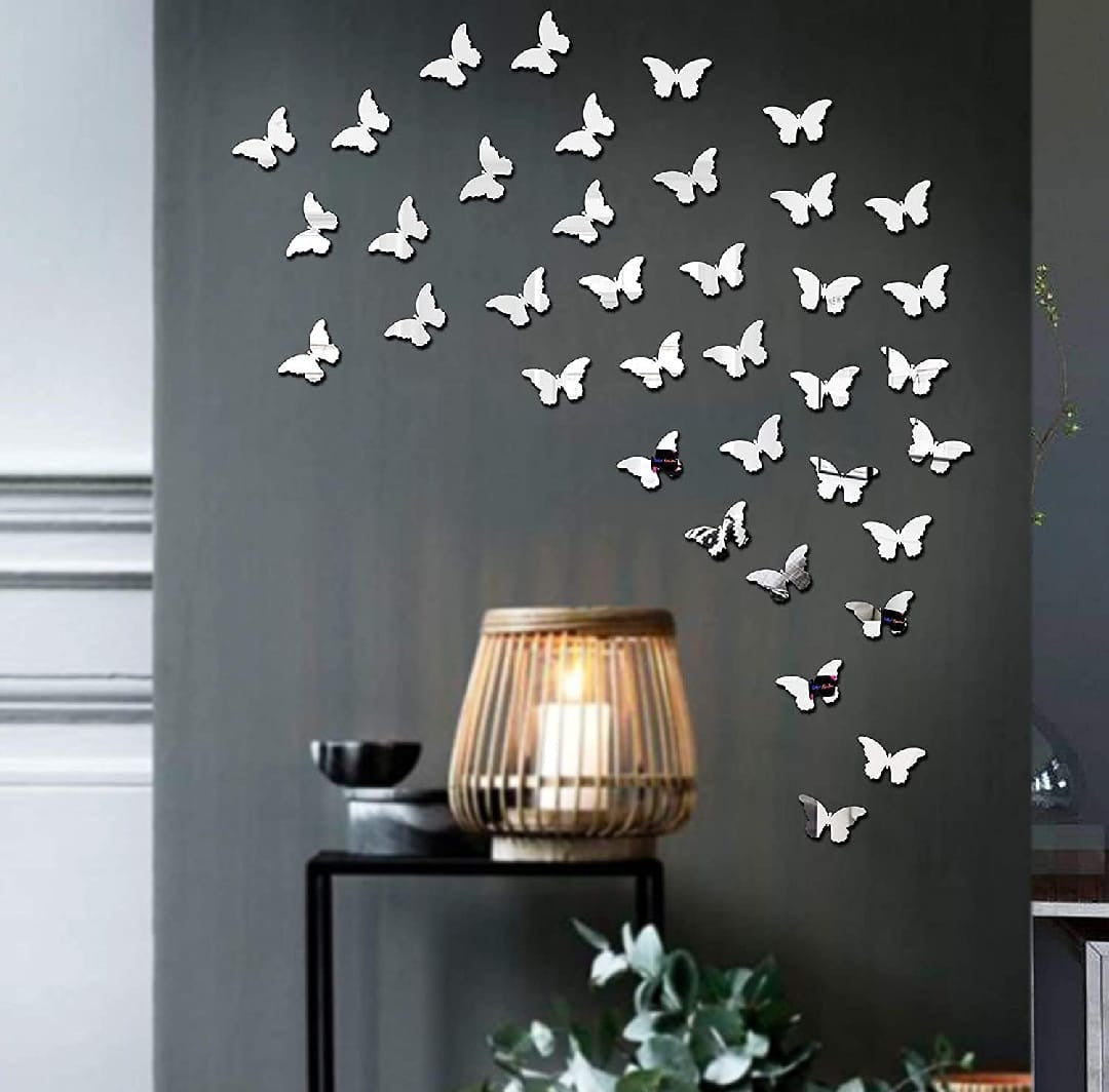 Pack of 30 Silver 3D Acrylic Butterfly Wall Decor