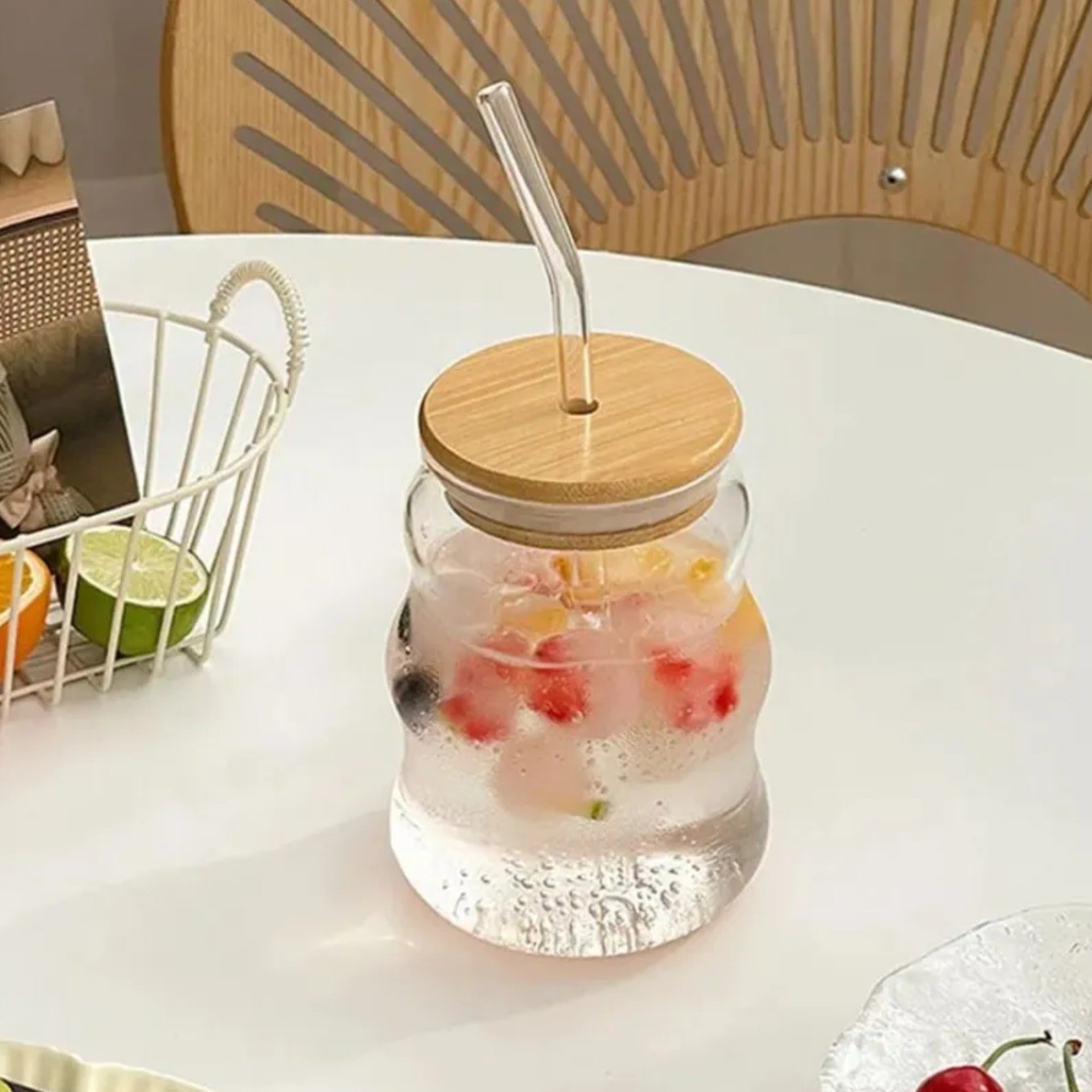Ribbed Round Glass Sipper Mug with Straw and Lid