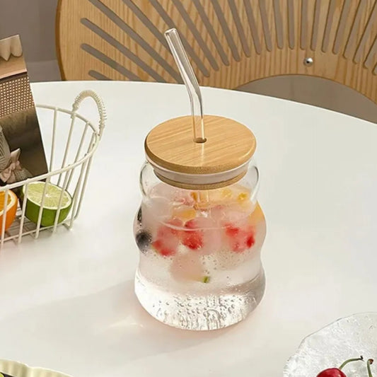 Ribbed Round Glass Sipper Mug with Straw and Lid