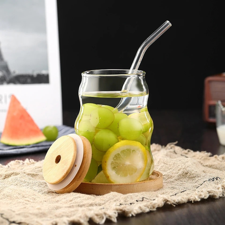 Ribbed Round Glass Sipper Mug with Straw and Lid