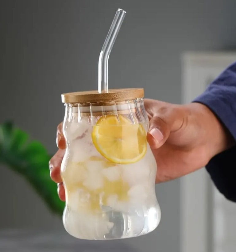 Ribbed Round Glass Sipper Mug with Straw and Lid