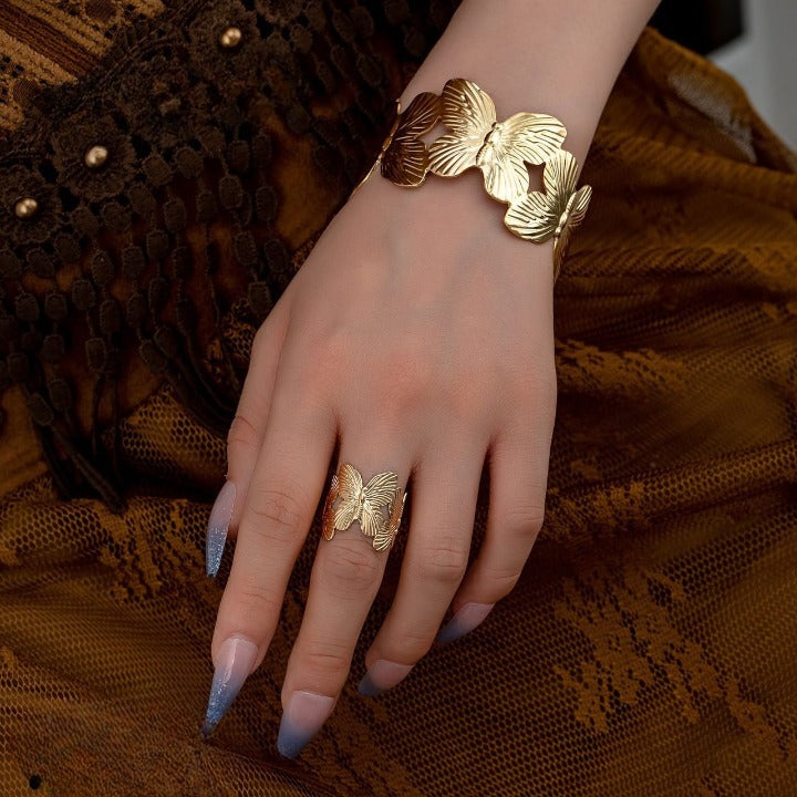 Stylish Alloy Hand Cuff Ring Set For Women – Silver & Golden