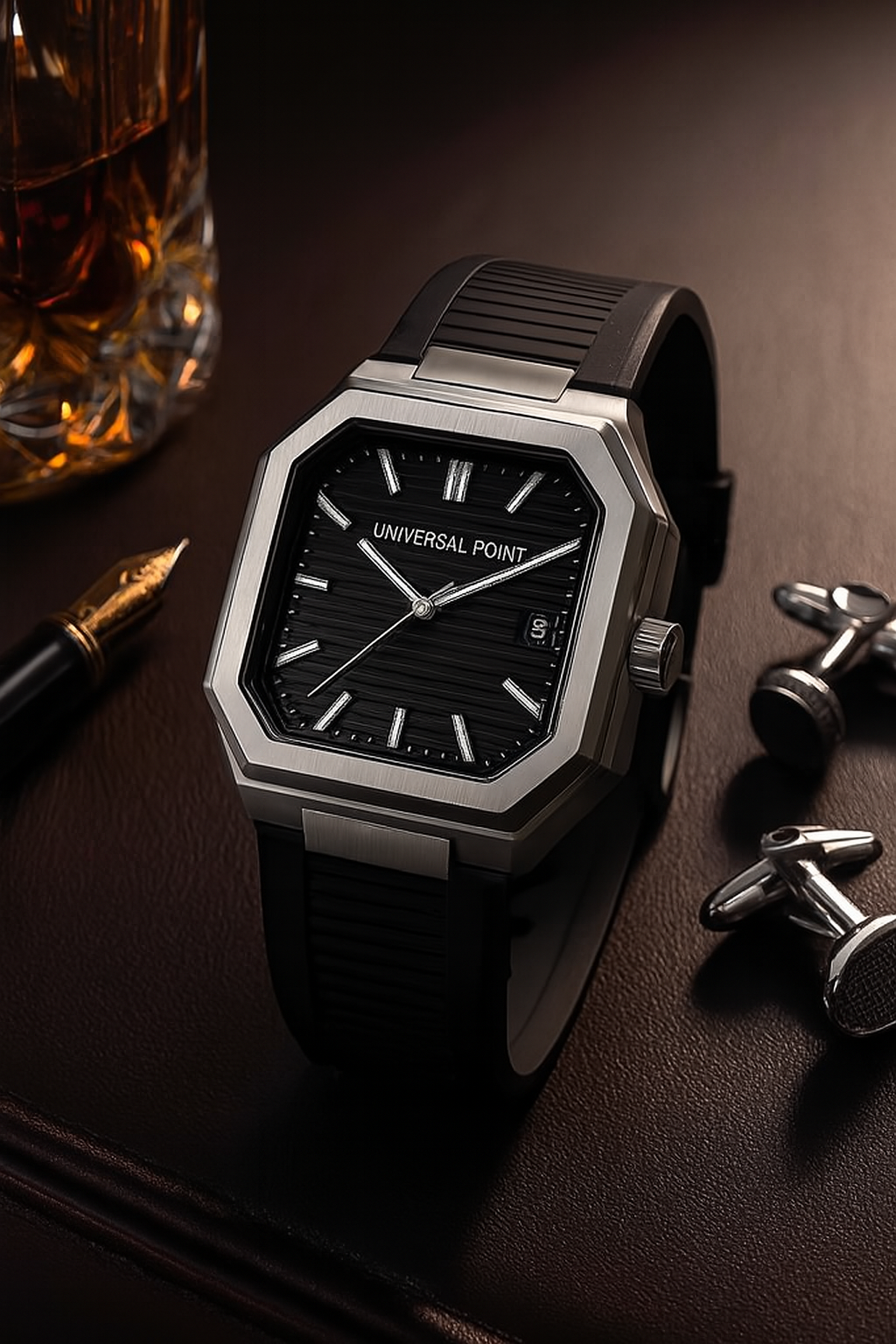 Universal Point UP 1988 Square Dial Leather Watch