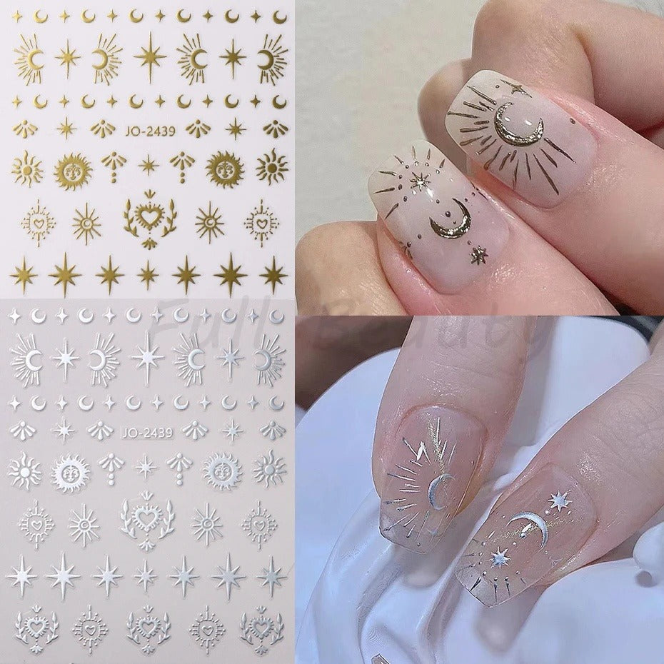 3D Sun Moon Star Love Heart Metallic Mirror Nail Stickers