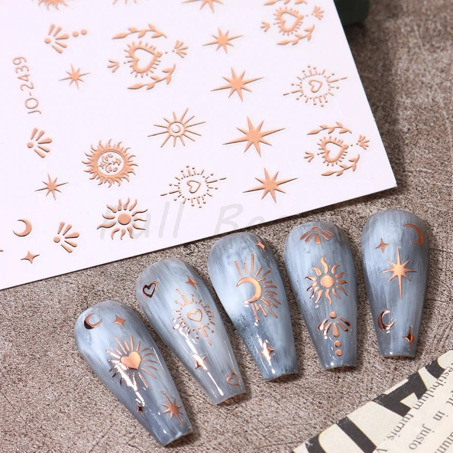 3D Sun Moon Star Love Heart Metallic Mirror Nail Stickers