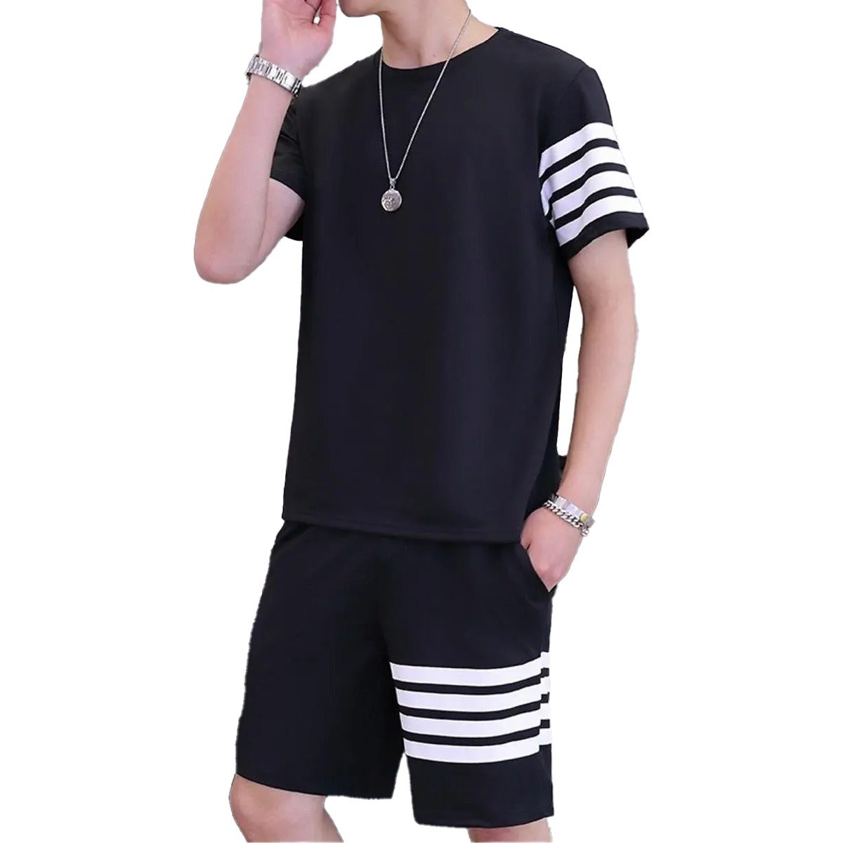 Black Trendy LINE Printed Men’s Tracksuit – Cotton Summer Set
