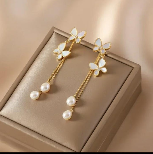 Elegant Pearl Butterfly Tassel Earrings for Women
