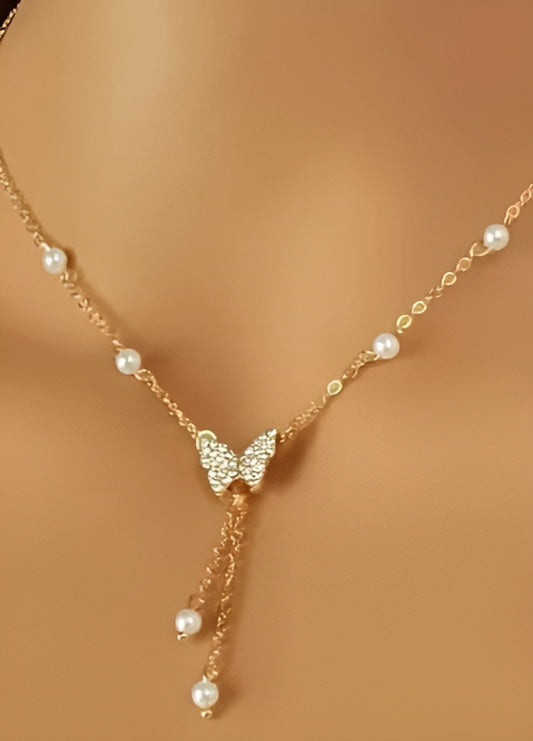 Gold Butterfly Pearl Choker Necklace for Women