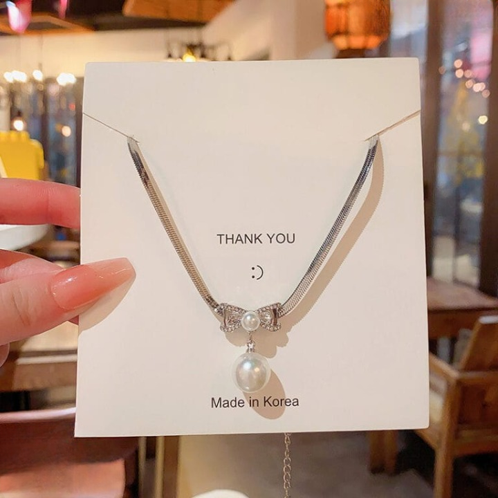 Elegant Korean Knot Pearl Pendant Necklace For Women - Silver